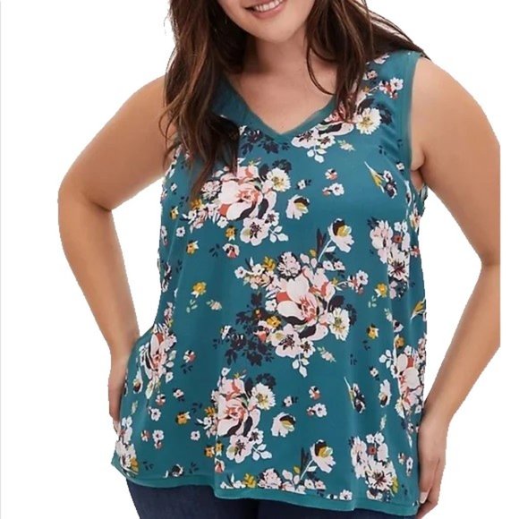Torrid Teal Green Floral Georgette Raw Edge Chiffon Trim Tank Plus Size 5X - Picture 3 of 7